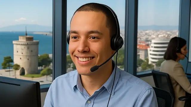 Άντρας εργαζόμενος σε τηλεφωνικό κέντρο με θέα τον Λευκό Πύργο στη Θεσσαλονίκη